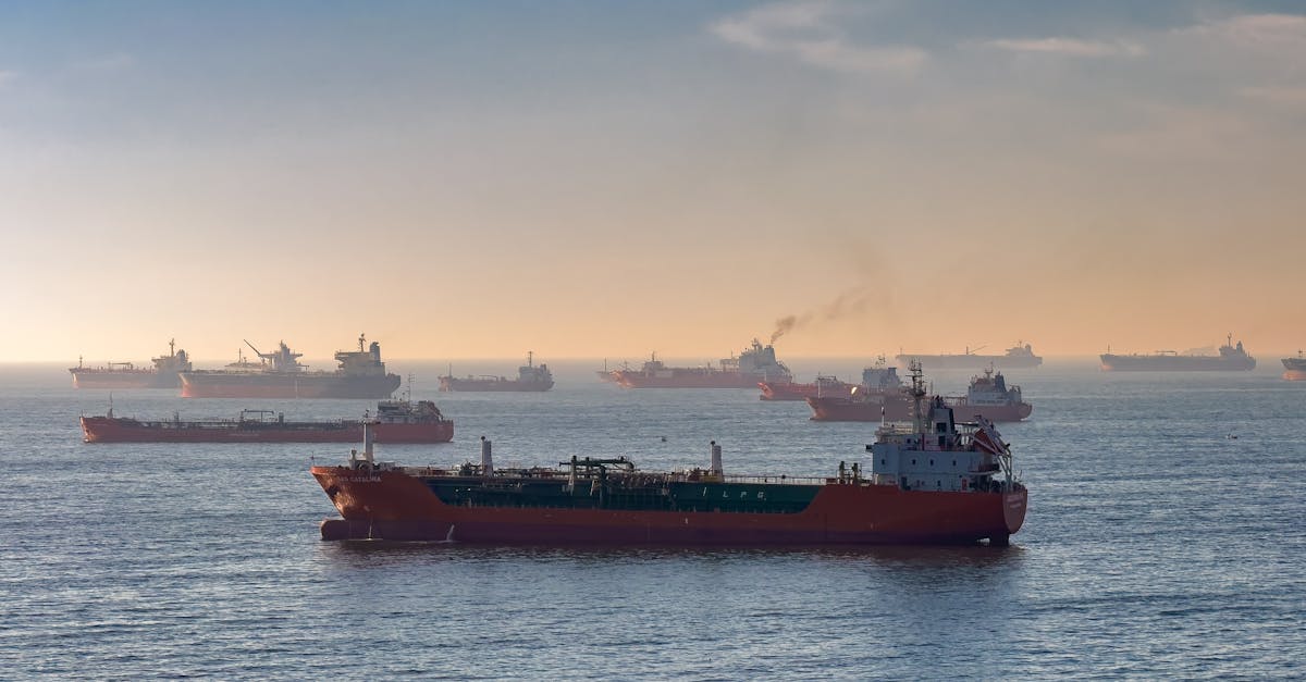 Cargo ships and oil tankers on the Bosporus strait, capturing global trade and maritime logistics at sunset.