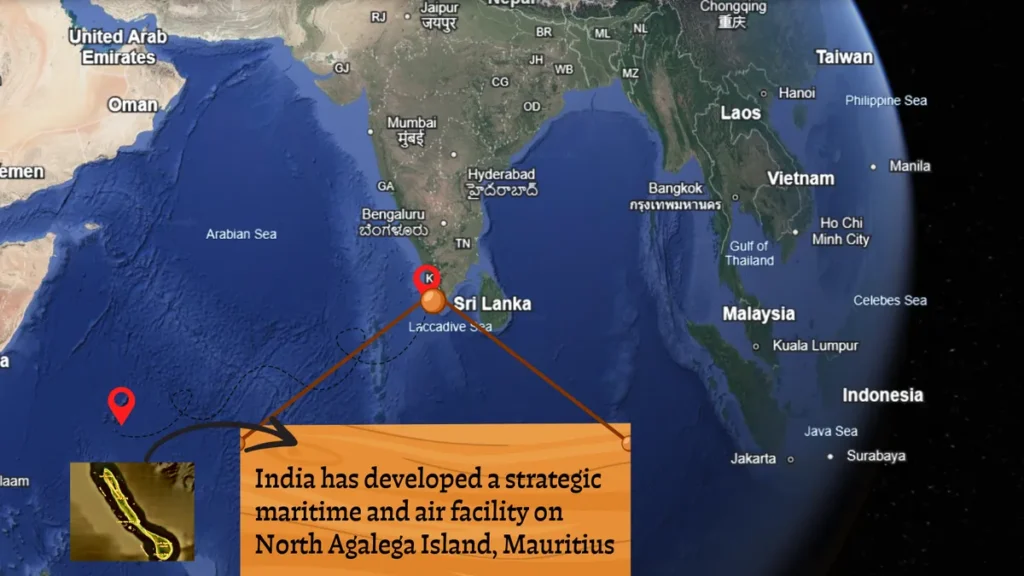 map of India strategic maritime and air facility on North Agalega Island, Mauritius, inaugurated in early 2024 to enhance surveillance in the southwestern Indian Ocean. Key infrastructure includes a 3,000-meter runway and a deep-water jetty, enabling operations for Indian P-8I patrol aircraft and naval warships