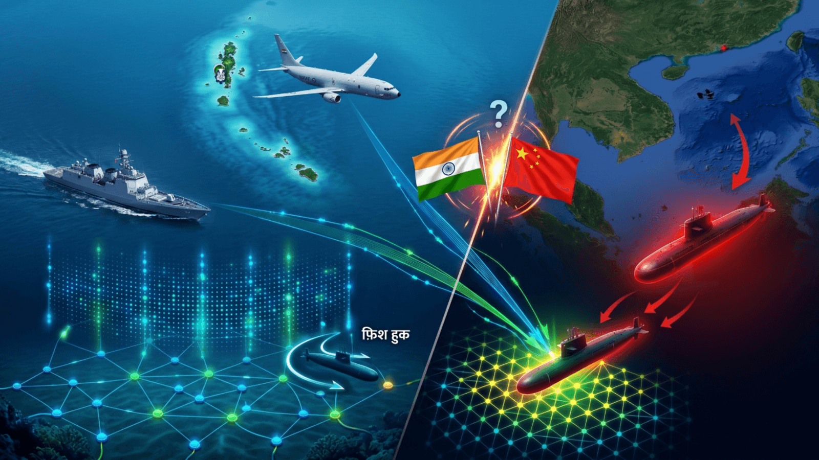 अंडमान अंडरवाटर वॉल : A highly detailed 3D geopolitical illustration depicting India's SOSUS 'Underwater Wall' in the Andaman Sea. The image shows a glowing blue underwater sensor network (hydrophone array) on the seabed detecting a stealthy red Chinese submarine. Above the surface, the Indian Navy's P-8I maritime patrol aircraft and a stealth frigate are actively monitoring the threat. Indian and Chinese flags are shown clashing in the background, symbolizing the maritime standoff. Feature image for The Eastern Strategist."