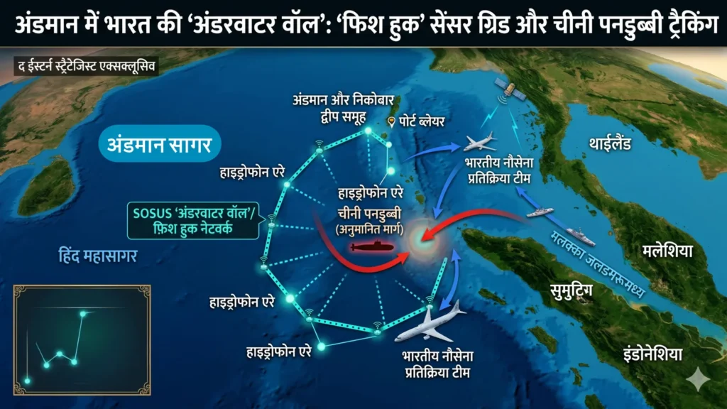 "A strategic geopolitical infographic map illustrating India's SOSUS 'Underwater Wall' and 'Fish Hook' sensor network in the Andaman Sea. The map shows hydrophone arrays detecting a Chinese submarine's path emerging from the Strait of Malacca, with Indian Navy P-8I maritime patrol aircraft and warships responding to the threat. Designed for The Eastern Strategist."