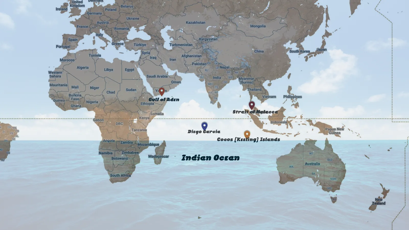Map showing the strategic location of Cocos Islands geopoltics in the Indian Ocean near the Sunda and Lombok straits.